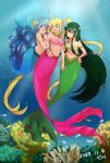  3girls blonde_hair blue_eyes blue_hair breasts closed_eyes coral dated fish_tail full_body green_eyes green_hair highres houshou_hanon jewelry long_hair medium_breasts mermaid mermaid_melody_pichi_pichi_pitch monster_girl multiple_girls nanami_lucia necklace shell shell_bikini tail touin_rina twintails underwater you_(holly0310) 