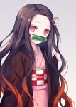  1girl bamboo bangs bit_gag black_hair brown_hair commentary_request forehead gag gradient_hair hair_ribbon japanese_clothes kamado_nezuko kimetsu_no_yaiba kimono kurumi_mashiro long_hair long_sleeves looking_at_viewer mouth_hold multicolored_hair pink_eyes pink_kimono pink_ribbon ribbon simple_background solo two-tone_hair very_long_hair 