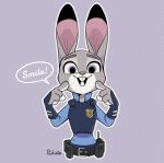  2017 4_fingers anthro badge belt belt_pouch big_eyes buckteeth bulletproof_vest clothed clothing dialogue dipstick_ears disney dotted_background english_text female fingers front_view fur gesture grey_body grey_fur half-length_portrait judy_hopps lagomorph leporid long_ears mammal multicolored_ears outline pattern_background pink_nose pointing pointing_at_head pointing_at_self portrait purple_eyes rabbit rikuta_tp shirt simple_background smile solo speech_bubble talking_to_viewer teeth text toony topwear white_body white_fur wrist_guards zootopia 