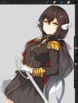  1girl azur_lane bangs black_jacket black_skirt breasts brown_hair closed_mouth curled_horns epaulettes gloves grey_background hair_between_eyes horns jacket large_breasts long_hair long_sleeves looking_at_viewer low_ponytail mikasa_(azur_lane) military military_jacket military_uniform misekai_555 pleated_skirt simple_background skirt smile solo sword uniform weapon white_gloves yellow_eyes 