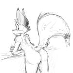  1:1 anthro breasts butt canid canine female fox hi_res mammal monochrome presenting presenting_hindquarters skunkwerks 