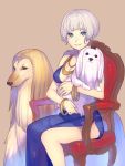  1girl afghan_hound armchair blue_dress blue_eyes bracelet breasts brown_background chair cleavage closed_mouth dog dress feet_out_of_frame grey_hair highres hisho_collection holding_dog jewelry lhasa_apso long_dress looking_at_viewer medium_breasts mole mole_under_eye nagisa_kurousagi necklace short_hair side_cutout simple_background smile 