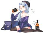  1girl alcohol bangs bare_shoulders beret blue_bag blunt_bangs blush breasts cleavage commentary eyebrows_visible_through_hair facial_mark girls_frontline gloves green_eyes hair_ornament hat highres hk416_(girls_frontline) jack_daniel&#039;s jacket large_breasts long_hair looking_at_viewer no_shoes silver_hair simple_background sleeves_past_wrists solo teardrop thighhighs translation_request urim_(paintur) very_long_hair white_background 