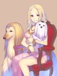  1girl afghan_hound armchair blonde_hair bracelet breasts brown_background chair cleavage closed_mouth dog dress feet_out_of_frame highres hisho_collection holding_dog jewelry lhasa_apso long_dress long_hair looking_at_viewer medium_breasts nagisa_kurousagi necklace pink_dress red_eyes side_cutout simple_background smile 