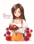  1girl bodysuit breasts brown_eyes brown_hair choker closed_mouth final_fantasy final_fantasy_ix flower garnet_til_alexandros_xvii gloves jewelry long_hair looking_at_viewer low-tied_long_hair ma-hain-scarlet necklace orange_bodysuit simple_background smile solo white_background 