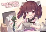  3girls absurdres ahoge animal_ear_fluff animal_ears apron bangs blush bow bowl box brown_eyes brown_hair character_name closed_mouth commentary_request eyebrows_visible_through_hair flying_sweatdrops gift gift_box green_hair green_hairband hair_bow hairband happy_birthday headgear high_ponytail highres holding holding_bowl holding_gift japanese_clothes kimono long_sleeves milk_carton mixing_bowl multiple_girls open_mouth parted_bangs pink_apron pink_bow ponytail purple_eyes short_sleeves silver_hair sleeves_past_fingers sleeves_past_wrists smile sweat touhoku_itako touhoku_kiritan touhoku_zunko twintails upper_body valentine voiceroid waste_(arkaura) white_kimono wide_sleeves 