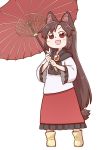  1girl :d animal_ear_fluff animal_ears bangs black_scarf blouse blush boots brown_hair eyebrows_visible_through_hair full_body gem holding holding_umbrella imaizumi_kagerou long_hair long_sleeves looking_at_viewer open_mouth oriental_umbrella poronegi red_eyes red_skirt red_umbrella rubber_boots scarf simple_background skirt smile solo standing tail touhou umbrella v-shaped_eyebrows very_long_hair white_background white_blouse wide_sleeves wolf_ears wolf_tail yellow_footwear younger 