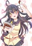  1girl ahoge apron baking black_hair black_sailor_collar black_serafuku blush bowl candy chocolate chocolate_heart chocolate_making cooking cowboy_shot crescent crescent_moon_pin flat_chest food happy_valentine heart heart_background holding holding_bowl kantai_collection kurofune_(txvj3837) long_hair mikazuki_(kantai_collection) mixing_bowl necktie open_mouth sailor_collar school_uniform serafuku sleeves_rolled_up solo spatula valentine white_background white_neckwear yellow_apron yellow_eyes 