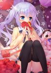  1girl bag bangs blue_eyes blue_hair blush commentary_request eyebrows_visible_through_hair floral_print flower gochuumon_wa_usagi_desu_ka? hair_between_eyes hair_ornament heart highres kafuu_chino long_hair panties pillow pink_bag red_flower red_rose ribbon rose sitting solo stuffed_animal stuffed_bunny stuffed_toy taku_michi underwear valentine white_panties x_hair_ornament yellow_ribbon 