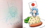  1girl :d anbe_masahiro barefoot blue_hair bracelet broccoli chibi dish dress flag food hands_up happy hat holding holding_flag in_food japanese_flag jewelry long_hair looking_at_viewer mini-ikamusume mini_flag minigirl no_nose official_art open_mouth peas rice sausage shinryaku!_ikamusume simple_background sketch sleeveless sleeveless_dress smile solid_circle_eyes solo standing tentacle_hair toothpick traditional_media v-shaped_eyebrows vegetable white_background white_dress white_headwear work_in_progress 