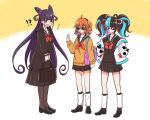  3girls ahoge bag chewing_gum fate/grand_order fate_(series) fujimaru_ritsuka_(female) hands_in_pockets long_hair moyashi_(momoyashi_321) multicolored_hair multiple_girls murasaki_shikibu_(fate) orange_hair pantyhose pleated_skirt purple_hair school_bag school_uniform sei_shounagon_(fate) side_ponytail skirt sunglasses twintails 