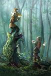  2boys commentary dappled_sunlight fairy flute forest hat instrument link male_focus mnstrcndy moss multiple_boys music nature ocarina playing_instrument pointy_ears shield skull_kid sunlight the_legend_of_zelda the_legend_of_zelda:_ocarina_of_time tree_stump 
