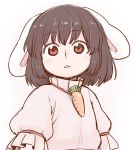  1girl animal_ears bangs brown_hair bunny_ears carrot_necklace eyebrows_visible_through_hair inaba_tewi looking_at_viewer parted_lips pink_shirt poronegi puffy_short_sleeves puffy_sleeves red_eyes sanpaku shirt short_hair short_sleeves simple_background solo touhou upper_body white_background wide-eyed 