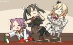  3girls bare_shoulders blonde_hair blouse blush boots bottle braid brown_hakama chocolate closed_eyes corset crown cup dancing dark_green_hair dress flower french_braid garter_straps hairband hakama hamu_koutarou highres japanese_clothes jewelry jun&#039;you_(kantai_collection) kantai_collection long_hair long_sleeves magatama mini_crown multiple_girls necklace off-shoulder_dress off_shoulder open_mouth purple_hair red_flower red_ribbon red_rose remodel_(kantai_collection) ribbon rose sitting skirt smile spiked_hair thigh_boots thighhighs twintails warspite_(kantai_collection) white_dress white_legwear zui_zui_dance zuikaku_(kantai_collection) 