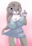  2020 akiric anthro big_breasts breasts butt_from_the_front cheek_tuft cleavage clothed clothing disney facial_tuft fan_character female gradient_background half-closed_eyes hi_res huge_breasts juggy_topps lagomorph leporid looking_at_viewer mammal narrowed_eyes nipple_outline pink_background purple_eyes rabbit simple_background solo tuft zootopia 