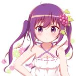  1girl :o bangs bare_arms bare_shoulders blush breasts cleavage commentary_request criss-cross_halter dress eyebrows_visible_through_hair floral_background food food_themed_hair_ornament fruit gochuumon_wa_usagi_desu_ka? goth_risuto grapes hair_between_eyes hair_ornament halterneck long_hair looking_at_viewer medium_breasts parted_lips purple_eyes purple_hair ribbon-trimmed_dress simple_background solo tedeza_rize twintails upper_body white_background white_dress 