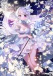  1girl apple_caramel bangs bare_shoulders breasts bug butterfly cleavage collarbone commentary_request crown detached_collar dress highres holding holding_staff insect large_breasts long_hair looking_at_viewer magic moon official_art original purple_eyes solo staff white_dress white_hair 