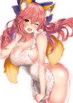  1girl animal_ear_fluff animal_ears apron bangs blush breasts fate/extra fate_(series) fox_ears fox_girl highres kawai large_breasts long_hair looking_at_viewer naked_apron pink_hair solo tamamo_(fate)_(all) tamamo_no_mae_(fate) valentine yellow_eyes 