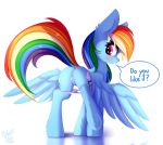  2020 anus butt clothing cutie_mark dialogue digital_media_(artwork) english_text equid equine feathered_wings feathers female feral friendship_is_magic genitals hi_res hooves mammal my_little_pony omiart pterippus pussy rainbow_dash_(mlp) simple_background solo text underhoof underwear white_background wings 