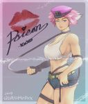  1girl black_choker black_gloves blue_eyes blue_shorts breasts character_signature choker crop_top cutoffs denim denim_shorts elbow_gloves final_fight fingerless_gloves gloves hat holding holding_weapon holding_whip large_breasts lipstick_mark mole mole_on_breast no_bra peaked_cap photo_(object) pink_eyeshadow poison_(final_fight) purple_headwear quasimodox short_hair shorts sideboob single_elbow_glove single_fingerless_glove single_garter solo standing strap_gap street_fighter street_fighter_v thighs weapon whip 