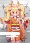  1girl :&lt; animal_ears bangs blonde_hair blush closed_mouth collarbone commentary_request eyebrows_visible_through_hair flat_chest floral_print flower fox_ears furry grey_background hair_flower hair_ornament hands_up japanese_clothes kimono long_hair long_sleeves looking_at_viewer no_humans nose_blush obi onikuman orange_kimono original red_eyes sash shiny shiny_hair simple_background solo sparkle standing tied_hair twintails w white_flower wide_sleeves 