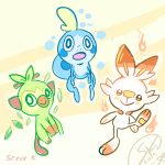  1:1 ambiguous_gender amphibian anthro blue_body feral fire fur green_body green_fur grookey group lagomorph mammal nintendo open_mouth orange_body orange_fur pok&eacute;mon pok&eacute;mon_(species) primate scorbunny simple_background smile sobble starter_trio stevedoodled video_games white_body white_fur 