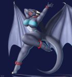  2018 absurd_res anklet anthro big_breasts bikini bracelet breasts claws clothed clothing digital_media_(artwork) dragon female fiether hand_behind_head happy hi_res horn jewelry lips looking_at_viewer necklace non-mammal_breasts on_one_leg open_mouth pose raised_arm raised_leg scalie shaded standing swimsuit teeth tight_clothing toe_claws tongue waving western_dragon wiira wings 
