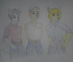  1970s afghan_hound anthro belt black_hair blonde_hair canine clothing daryl_mccuiston dodge_mccuiston dog dress_shirt earl_mccuiston facial_hair hair hat jeans male mammal miss-hops pants shirt sideburns sleeveless_shirt traditional_media_(artwork) wolf 