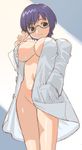  adjusting_eyewear blue_hair bottomless breasts brown_eyes cleavage glasses hirose_(mokiki) kashimashi large_breasts mari_ayuki naked_shirt open_clothes open_shirt shirt short_hair solo 