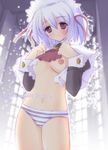  blue_eyes blue_hair blue_panties blush breasts brooch hair_ribbon headdress jewelry kotonomiya_yuki maid medium_breasts natsumiya_yuzu navel nipples no_pants panties ribbon shirt_lift short_hair solo standing striped striped_panties suigetsu tears underwear 