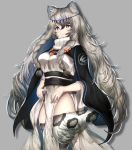  1girl animal_ears animal_print arknights black_cape braid breasts cape commentary_request cowboy_shot grey_background grey_eyes grey_hair grey_legwear highres jewelry large_breasts leopard_ears leopard_print leopard_tail long_hair looking_away necklace nidaime_(doronbo) pramanix_(arknights) side_braids simple_background solo tail thighhighs turtleneck_dress 