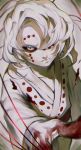  1boy absurdres angry bangs blood bloody_clothes colored_eyelashes densen_(itoguchi) frown hair_over_one_eye highres japanese_clothes kimetsu_no_yaiba kimono long_sleeves looking_at_viewer looking_up male_focus one_eye_covered red_sclera rui_(kimetsu_no_yaiba) sanpaku sash solo upper_body white_hair 