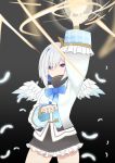 absurdres amane_kanata angel angel_wings arm_up black_background commentary_request feathers highres hololive looking_at_viewer magic purple_eyes school_uniform short_hair silver_hair simple_background virtual_youtuber wings 