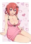  1girl :d bat_hair_ornament black_bow blue_panties blush bow breasts dress eyebrows_visible_through_hair fang frills gabriel_dropout hair_between_eyes hair_ornament hair_rings heart highres kurumizawa_satanichia_mcdowell large_breasts lingerie long_hair looking_at_viewer nightgown nyaroon open_mouth panties pink_dress purple_eyes red_hair sitting smile solo strap_gap thighs underwear yokozuwari 