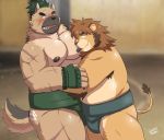 2020 absurd_res anthro belly blush brown_body brown_fur canid canine canis cute_fangs domestic_dog duo felid fur hi_res humanoid_hands kemono lion male male/male mammal moobs nipple_fetish nipple_play nipple_suck nipples overweight overweight_male pantherine sucking sumo tokyo_afterschool_summoners v2wolf video_games yasuyori 