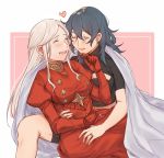  2girls bangs blanket byleth_(fire_emblem) byleth_(fire_emblem)_(female) candy chocolate chocolate_heart couple edelgard_von_hresvelg fire_emblem fire_emblem:_three_houses food gloves happy heart jewelry long_hair multiple_girls open_mouth parted_bangs red_gloves ring shorts sitting sitting_on_lap sitting_on_person smile sparkle valentine yukari_(bryleluansing) yuri 