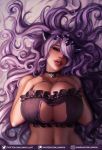  1girl artist_name bell bell_collar breasts camilla_(fire_emblem) cat_cutout cat_lingerie cleavage collar eyelashes eyeshadow fire_emblem fire_emblem_fates gumroad_username hair_over_one_eye highres large_breasts looking_at_viewer luminyu lying makeup meme_attire navel on_back patreon_username purple_hair smile stomach tiara toned tongue tongue_out twitter_username upper_body watermark wavy_mouth web_address 
