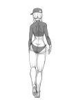  1girl ass barefoot baseball_cap braid contrapposto dimples_of_venus facing_away from_behind greyscale hat hellk111 highres kneepits monochrome original shoulders solo twin_braids walking white_background 
