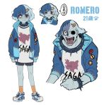  1boy :3 blue_hair blue_jacket blue_skin blush_stickers character_name closed_mouth collar da_huang fang jacket missing_eye multicolored_hair multiple_views musical_note open_mouth personification red_eyes romero_(zombie_land_saga) saga_prefecture sharp_teeth shoes short_hair shorts simple_background smile socks spiked_collar spikes teeth two-tone_hair white_background zombie_land_saga 