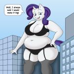  1:1 absurd_res anthro big_breasts bra breasts cleavage clothed clothing english_text equid female friendship_is_magic fully_clothed garter_straps hand_on_hip hi_res horn legwear lordstormcaller macro mammal my_little_pony panties rarity_(mlp) solo text thigh_highs underwear unicorn 