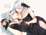  ak-12_(girls_frontline) an-94_(girls_frontline) asakawa_(outeq) blush breasts breasts_apart character_name cleavage_cutout closed_eyes girls_frontline gloves grabbing green_eyes grey_hair hand_in_another&#039;s_hair long_hair lying on_back saliva_swap tongue tongue_out yuri 