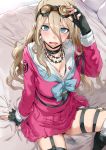  1girl adjusting_eyewear black_gloves blonde_hair blue_eyes blush breasts choker cleavage commentary_request crying crying_with_eyes_open danganronpa fingerless_gloves from_above garter_straps gloves goggles goggles_on_head hews_hack highres iruma_miu large_breasts long_hair long_sleeves looking_at_viewer new_danganronpa_v3 on_bed open_mouth pink_serafuku pink_skirt pleated_skirt sailor_collar sitting sitting_on_bed skirt solo tears thigh_strap 
