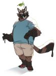  2020 anthro belly bottomwear brown_body brown_fur canid canine clothing cyanroll fur humanoid_hands leaf male mammal overweight overweight_male raccoon_dog shirt shorts simple_background solo tanuki topwear 