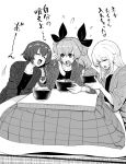  3girls anchovy_(girls_und_panzer) bangs bonkara_(sokuseki_maou) bowl braid carpaccio_(girls_und_panzer) chopsticks closed_eyes commentary drill_hair eating flying_sweatdrops food frown girls_und_panzer greyscale hair_ribbon hanten_(clothes) highres holding holding_bowl holding_chopsticks kotatsu leaning_to_the_side long_hair long_sleeves looking_at_another monochrome motion_lines multiple_girls noodles on_floor open_mouth pepperoni_(girls_und_panzer) ribbon short_hair side_braid sitting smile soba sweatdrop table tatami translated twin_drills twintails v-shaped_eyebrows 