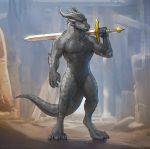 anthro black_body detailed_background dragon hi_res horn jewelry male melee_weapon necklace nude reptile scalie sword weapon zaush 