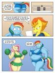  3:4 absurd_res anthro big_breasts big_butt bodily_fluids bottomwear breasts butt cheerleader cleavage clothed clothing comic dialogue english_text equid equine exercise female fluttershy_(mlp) friendship_is_magic hi_res lordstormcaller mammal my_little_pony overweight pom_poms pterippus rainbow_dash_(mlp) skirt spitfire_(mlp) sweat text thick_thighs wings wonderbolts_(mlp) 
