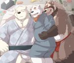  2020 anthro asian_clothing bed belly blush brown_body brown_fur bulge butt canid canine clothing condom dildo east_asian_clothing eyes_closed fundoshi fur furniture goemon_(tas) group hi_res hug hugging_from_behind humanoid_hands japanese_clothing kemono leib_(tas) lying male male/male mammal overweight overweight_male polar_bear raccoon_dog robe sex_toy tanuki tokyo_afterschool_summoners tongue tongue_out underwear ursid ursine v2wolf video_games white_body white_fur 