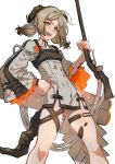  1girl :d arknights bangs blonde_hair breasts dress hand_on_hip highres holding holding_weapon horns ifrit_(arknights) looking_at_viewer open_mouth parted_bangs scales simple_background smile solo tail teeth thigh_strap towtow_redoland twintails weapon white_background yellow_eyes 
