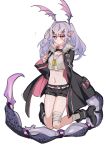  1girl animal_ears arknights bandaged_leg bandages bangs belt blush boots coat dog_tags fur_trim hair_ornament hairclip highres long_hair manticore_(arknights) midriff navel pointy_ears purple_eyes purple_hair scorpion_tail shorts simple_background solo tail towtow_redoland white_background 