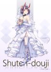  1girl :q absurdres bangs bare_shoulders black_choker blue_bow blue_footwear blush bob_cut bouquet bow breasts bridal_veil bride character_name choker closed_mouth dress elbow_gloves eyeliner fang fang_out fate/grand_order fate_(series) flower full_body garter_straps gloves hair_flower hair_ornament high_heels highres horns jewelry kaer_sasi_dianxia leg_garter lips looking_at_viewer makeup necklace oni oni_horns purple_eyes purple_hair ring short_eyebrows short_hair shuten_douji_(fate/grand_order) simple_background single_thighhigh skin-covered_horns small_breasts smile solo standing thighhighs tiara tongue tongue_out veil wedding_dress wedding_ring white_dress white_gloves white_legwear 